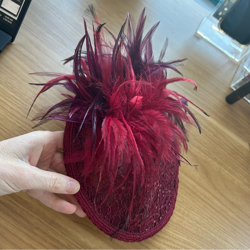 Handmade in Ireland Elegant Feathered Burgundy Fascinator - Picture 2 of 10